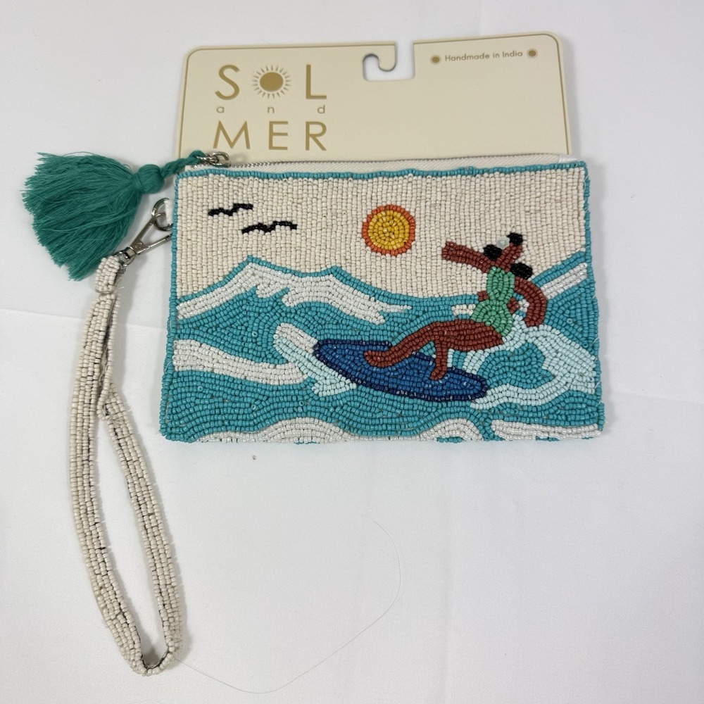 Sol & Mer Beaded Pouch Surf Girl Ocean Summer Boho Wristlet Bag Beach Fun Party